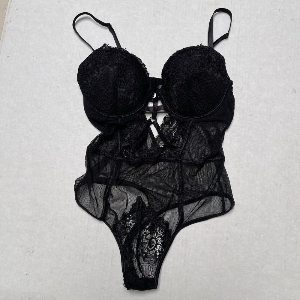Black Fuchsia Bustier Bodysuit Women Medium Sheer Black Pushup Bra Sexy Lingerie
